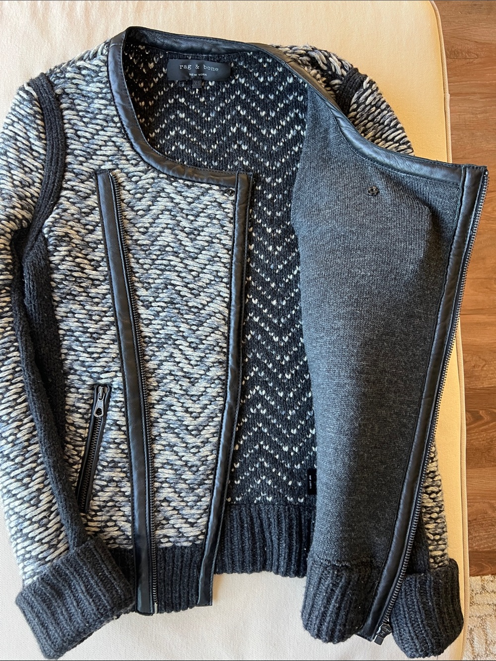 rag & bone Samantha Knit Tweed Charcoal Wool Lamb Leather Trim Jacket - Picture 7 of 12